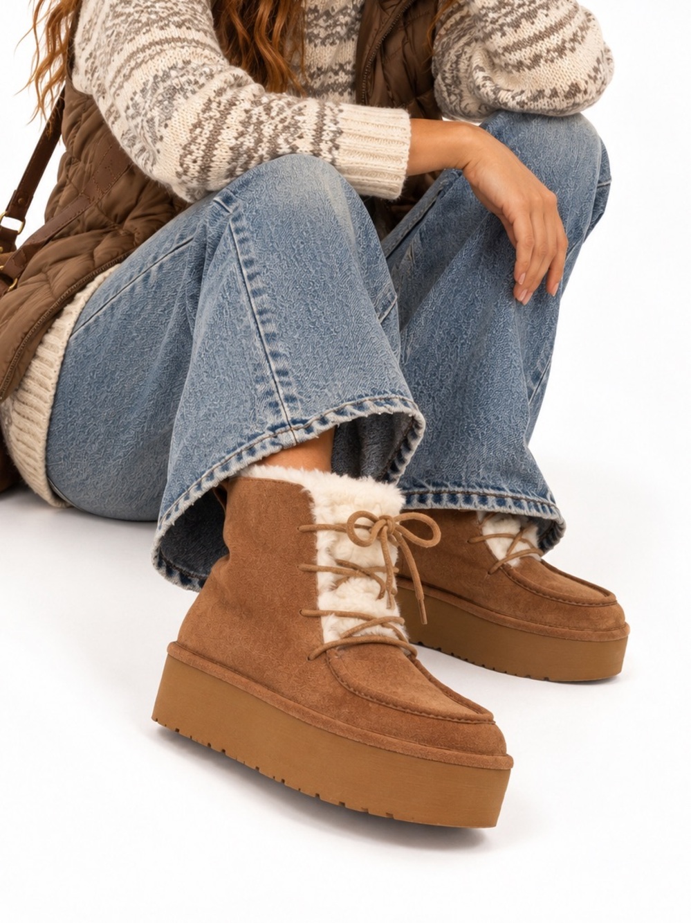 Madden Girl Brown Suede Faux Shearling Platform Boots

Size 8